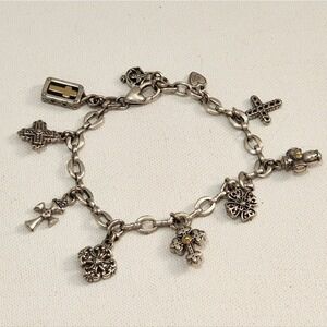 Brighton Vintage Charm Bracelet Silver Pl Crosses Heart Dangle Christian Jewelry